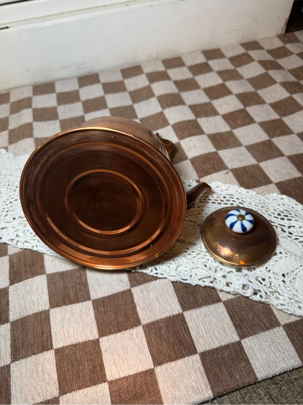 Vintage Cooper Tea Kettle Pot with Blue/White Handle